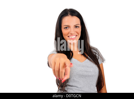 Isolierte junge lässige Frau zeigenden Kamera Stockfoto