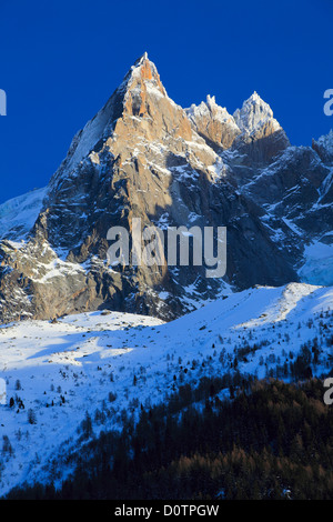 Aguilles, Aiguilles du Chamonix, Alpen, Nachleuchten, Alpenglühen, Berge, Bergpanorama, Berge, massiv, Bergpanorama, Stockfoto