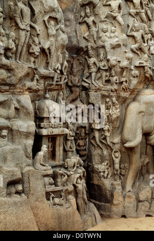 Die Buße von Arjuna - Abstieg des Ganges, Basrelief in Mahabalipuram, Indien Stockfoto