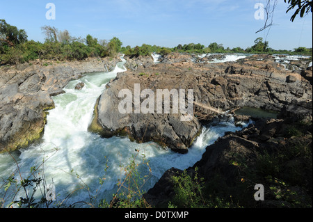 Laos, Asien, Don Khon, Mekong, Fluss, Fluss, 4000 Inseln, Inseln, Klippen, Rock, Gulch, Stromschnellen Stockfoto