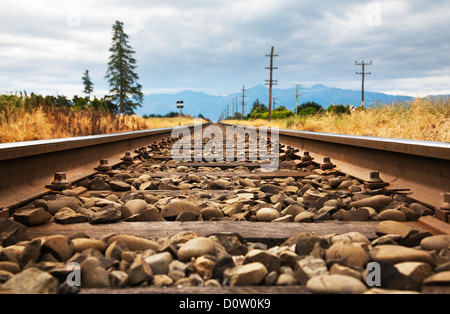 Eine Bodengleiche Aussicht entlang der Bahngleise der Tranz Alpine Eisenbahn, Canterbury Neuseeland Südinsel Stockfoto