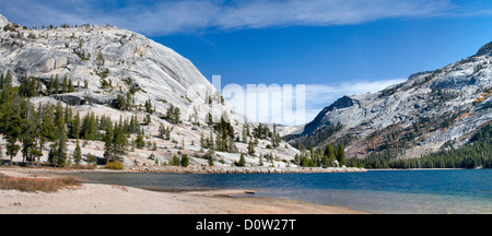 Ein breiter Panoramablick zeigt das ruhige, blaue Wasser des Tenaya Lake, umgeben von massiven Granitkuppeln und Kiefernwäldern im Yosemite National Park. Stockfoto