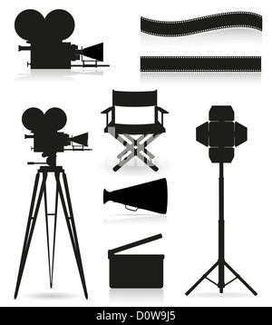 Stellen Sie Icons Silhouette Kinematographie Kino und Film Illustration isoliert auf weißem Hintergrund Stockfoto