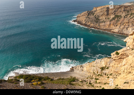 Detail von den Sandsteinfelsen von der portugiesischen Südküste, Kap Espichel, Sesimbra, Portugal Stockfoto