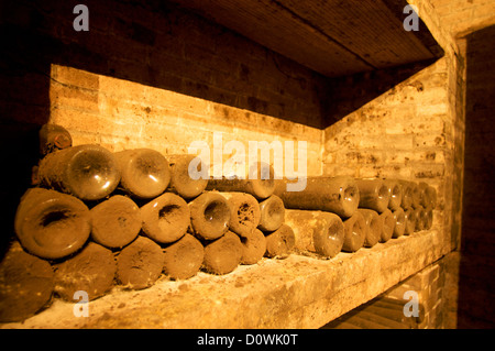 Historischen Weinflaschen. In einem alten Keller Staub bedeckt. Stockfoto