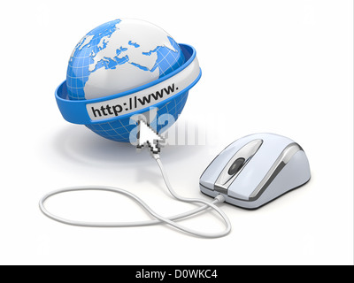 Konzept des Internet-Browsers. Erde, Cursor und Computer-Maus. 3D Stockfoto