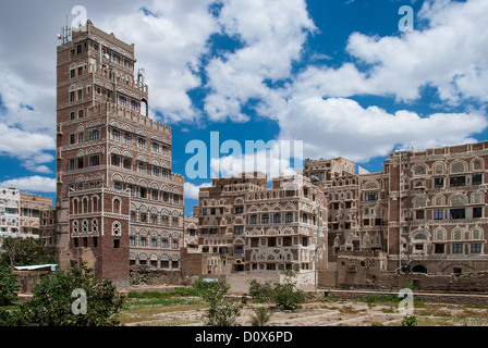 Traditionellen jemenitischen Architektur in Sanaa, Jemen Stockfoto