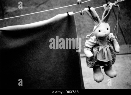 ein Stofftier Hase und eine Decke Trocknen auf einer Wäscheleine in Astoria, Queen, NY. © Mak Stockfoto