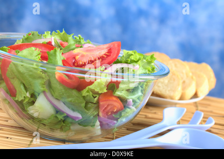 Salat von Tomaten, Salat, Paprika, roten Zwiebeln und Gurken, serviert in einer Glasschale mit einem blauen Kunststoff Salat-Server gemacht Stockfoto