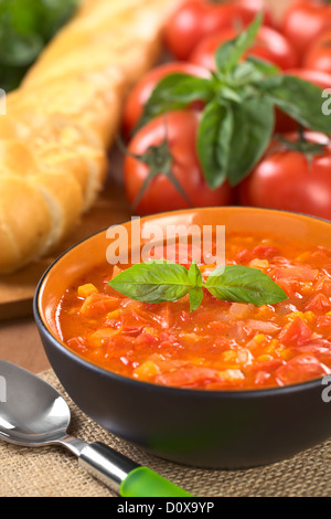 Stückige Tomatensuppe aus Tomaten, Karotten und Zwiebeln und mit einem Blatt Basilikum garniert Stockfoto