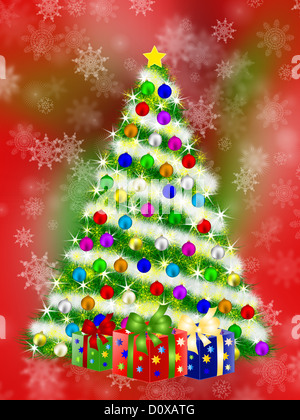 Weihnachtsbaum-Karte mit Sternen funkelt Kugeln Kugeln Kugeln Sterne leuchten Eiszapfen Geschenke Stockfoto