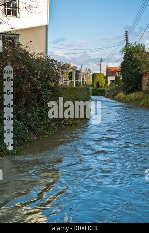 Eine fließende Fluss durchquert das Dorf Debenham in Suffolk. Der Indikator zeigt, dass die Fluss Tiefe weniger als ein Fuß steht. Stockfoto