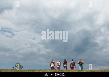 Fünf Freunde, die zu Fuß in Feld, Rückansicht Stockfoto