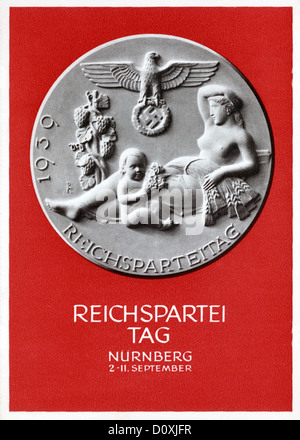 Reichsparteitag, Nürnberg, Ankündigung, Reichsparteitag, Nazi, Partei, NSDAP, Postkarte, Karte, Frau, Kind, Adler, Hakenkreuz, Thi Stockfoto