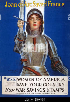 Weltkrieg, amerikanische, Plakat, Einsparung, Stempel, Bindung, Einsparungen Briefmarken, Jeanne d ' Arc, Frankreich, USA, 1918, Schwert, Stockfoto