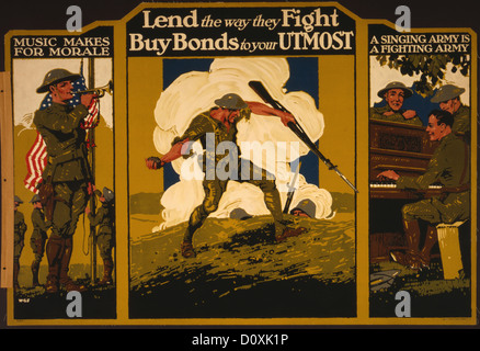 USA, Weltkrieg, amerikanisch, Plakat, Soldat, Granate, Bugler, singen, kaufen, Anleihen, Armee, 1917, Stockfoto