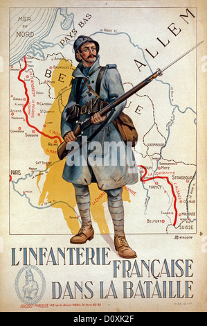 Frankreich, Weltkrieg, Französisch, Propaganda, Plakat, Soldat, Pistole, Gewehr, Karte, Hindenburg-Linie, rot, Tinte, Poilu, Nfanterie, 1915 Stockfoto