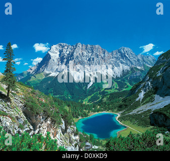 Österreich, Europa, Tirol, Tirol, Außerfern, Ehrwald, Ehrwalder Alm, Seebensee, Zugspitze, See, Berg, Holz, Wald, Zuntern, Stockfoto