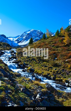 Österreich, Europa, Tirol, Tirol, Ötztal, Umhausen, Fundusalm, Alp, Blockkogel, Berg, Bach, Bergbach, Wasser, Schnee, Herbst Stockfoto