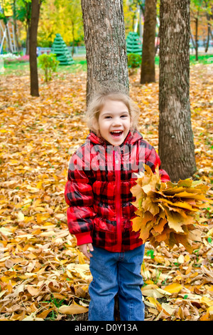 Ein kleines Mädchen in einem rot karierten Jacke mit einen Arm voll gelbe Blätter auf einem Hintergrund von Bäumen und gelbe Laub Stockfoto