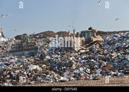 Traktor-Walzenzug/Dozer "Gleisbau" drängen Müll an Deponie, California. Stockfoto