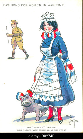 Ersten Weltkrieg Comic-Postkarte mit dem Titel "Dienstuniform" veröffentlicht in Valentines Serie Mode für Frauen in Kriegszeiten Stockfoto