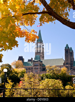 Das kanadische Parlament umgeben von Herbst Blätter am Mittag in Ottawa, Kanada. Stockfoto