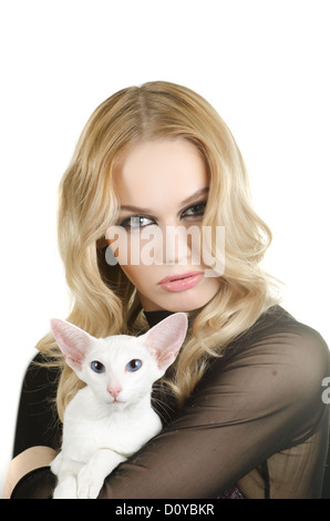 Frau mit orientalisch Kurzhaarkatze Stockfoto