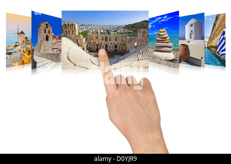 Hand, die Griechenland Reisebilder scrollen Stockfoto