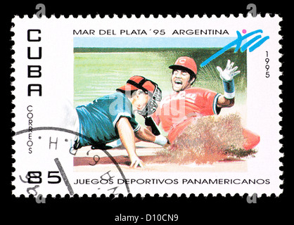 Briefmarke aus Kuba mit Baseball-Spieler. Stockfoto