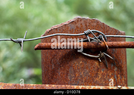 rostige Säule mit Stacheldraht mit Fokus auf es Stockfoto