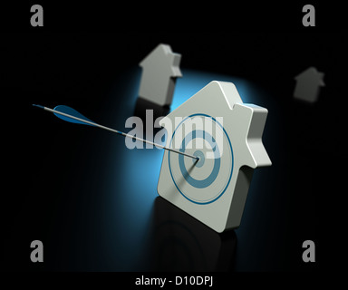 Drei Häuser in schwarz mit blauen Reflexion, das erste Haus durch einen Pfeil in der Mitte des Ziels durchbohrt Stockfoto