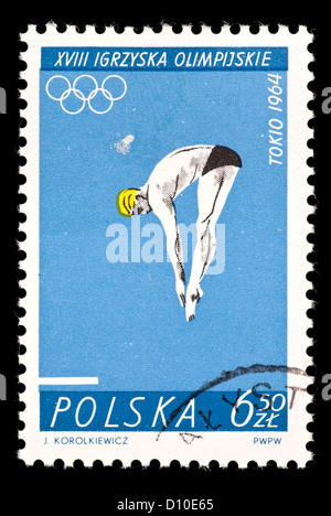 Briefmarke aus Polen, Taucher, ausgestellt für die Olympischen Sommerspiele 1964 Tokio darstellen. Stockfoto