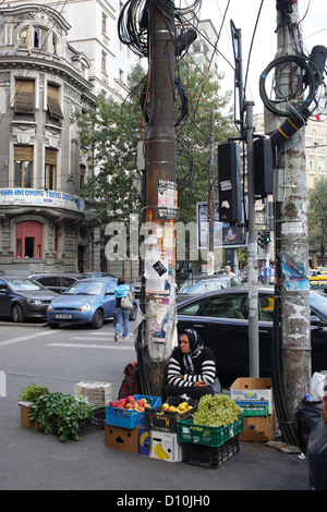 Bukarest, Rumänien, hat ältere Frau am Straßenrand auf Gemüse zu verkaufen Stockfoto