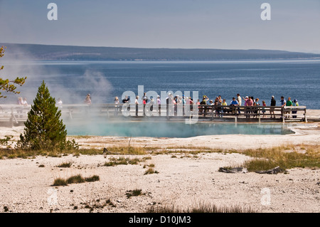 Touristen beobachten eine dampfende heiße Quelle - West thumb Geyser Basin, Yellowstone Lake, Yellowstone-Nationalpark - Wyoming, USA Stockfoto