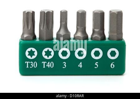Werkzeuge Sammlung - Köpfe für Schraubendreher (Bits). Isoliert auf weißem Hintergrund Stockfoto