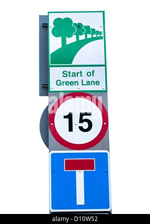 Straßenschild beginnen grüne Gasse mit 15 km/h Höchstgeschwindigkeit, Jersey, Kanalinseln, Großbritannien Stockfoto