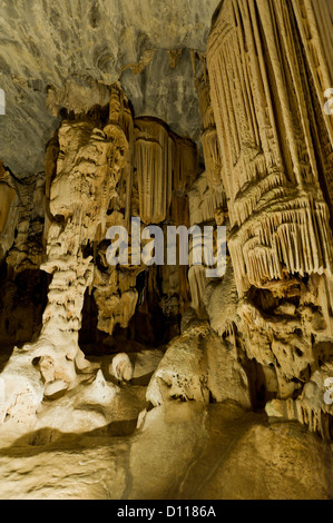 Stalaktiten und Stalagmiten in Van Zyl Halle im Inneren der Cango Caves, Oudtshoorn, Western Cape, South Africa Stockfoto