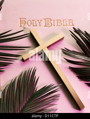 HEILIGE BIBEL GOLD KREUZ PALME WEDEL LILA LICHT Stockfoto