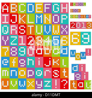 Pixel-Alphabet. Satz von allen Buchstaben und zahlen. Stockfoto