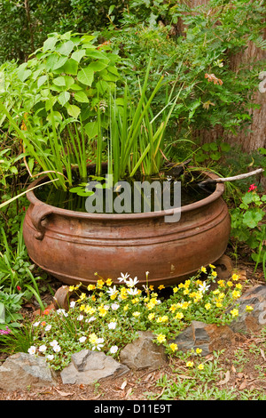 Reich verzierte Gartenteich - großen rostigen Kessel als ein Wasserspiel mit bunten Blumen und Wasserpflanzen Stockfoto