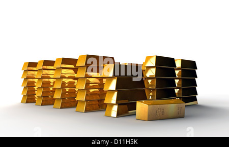 Goldbarren, die isoliert auf weißem Hintergrund Stockfoto