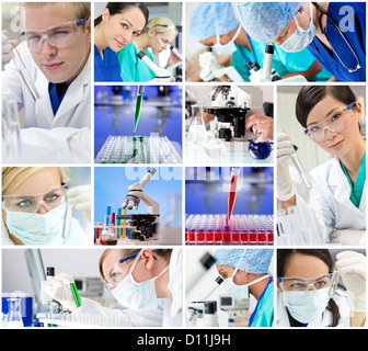 Montage einer medizinischen oder wissenschaftlichen Forschung team Männer und Frauen mit Mikroskopen und Reagenzgläser in einem Labor zu betrachten Stockfoto