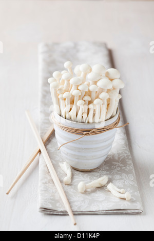 Schüssel mit Shimeji Pilze mit Stäbchen auf Serviette Stockfoto