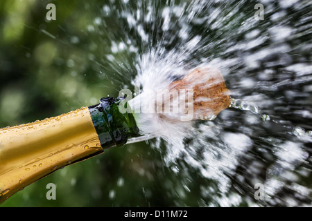 Champagner-Flasche eröffnet mit Korken fliegen Stockfoto