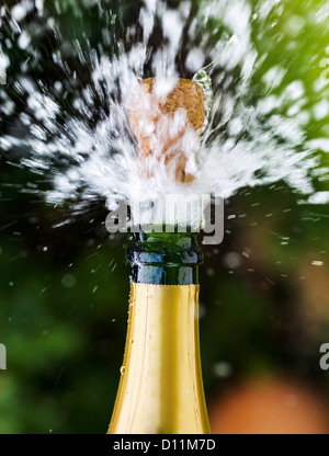 Champagner-Flasche eröffnet mit Korken fliegen Stockfoto