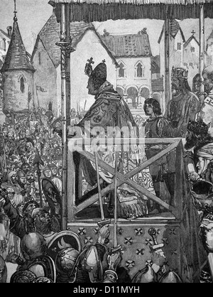 Abbildung von Papst Urban II 1095 n. Chr. den ersten Kreuzzug auf dem Marktplatz von Clermont In der Auvergne zu predigen Stockfoto