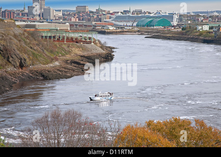 Reversing Falls Rapids zeigt den Hafen von Saint John und die Skyline der Stadt im Hintergrund, Stadt Saint John, New Brunswick, Kanada, Stockfoto