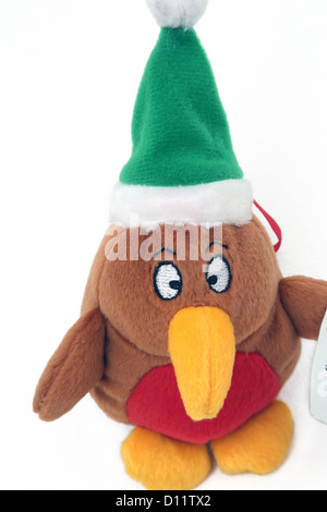 Robin trägt eine Weihnachtsmütze Weihnachtsdekoration Stockfoto