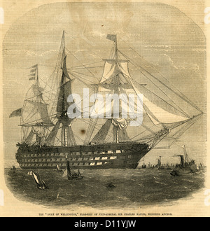 1854-Gravur, The Duke of Wellington, Flaggschiff von Vizeadmiral Sir Charles Napier, mit einem Gewicht von Anker. Stockfoto